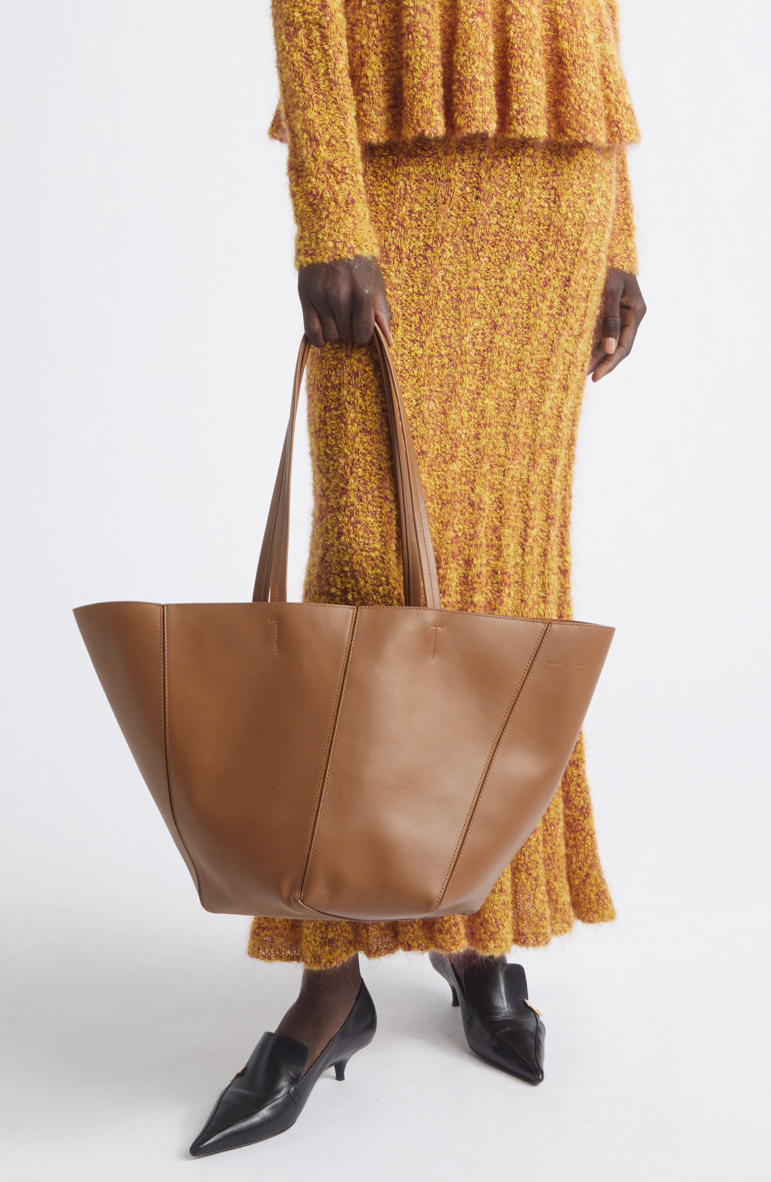 Hex Calfskin Leather Tote, Alternate, color, WALNUT