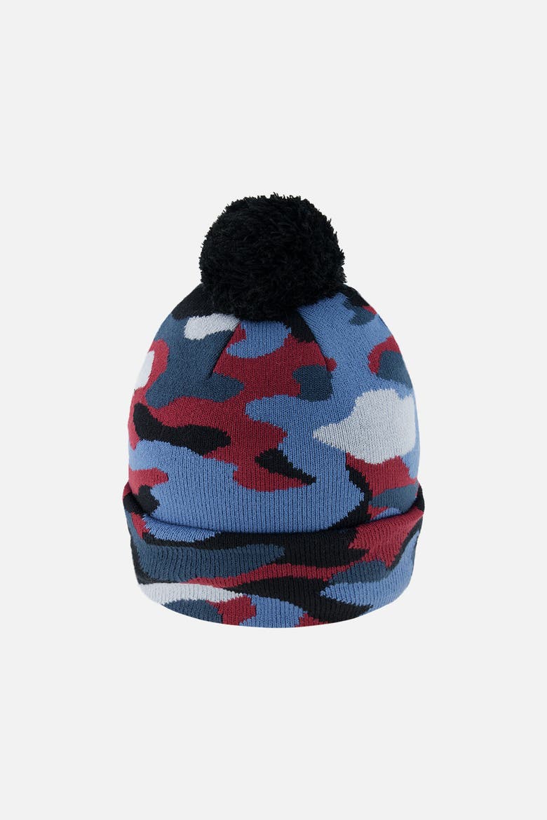 Winter Camouflage Jacquard Snug Fit Knit Hat with Pompom, Alternate, color, Blue and Red Camouflage