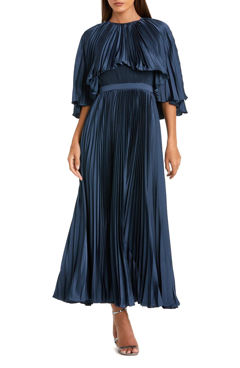 Mac Duggal Pleated Capelet Tea-Length Dress, Main, color, Midnight