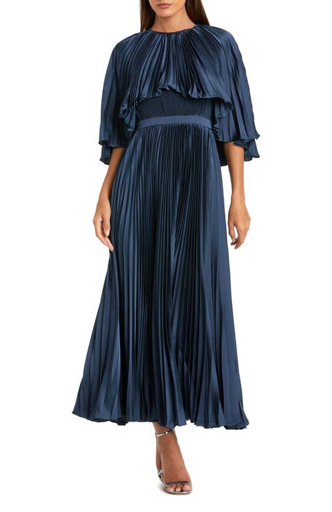 Pleated Capelet Tea-Length Dress