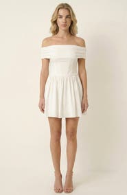 Modenaire Off-Shoulder Ruched Bodice Mini Dress with Flowy Skirt