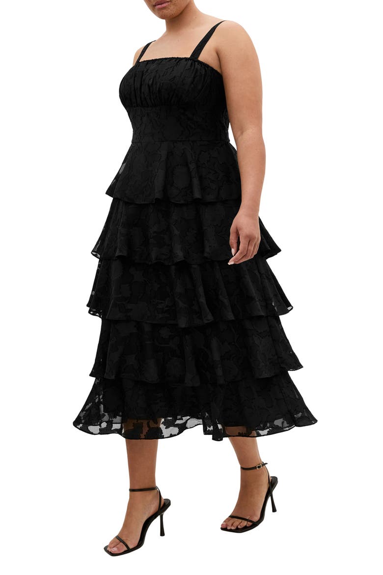 Daniela Tiered Ruffle Sleeveless Midi Dress, Main, color, BLACK
