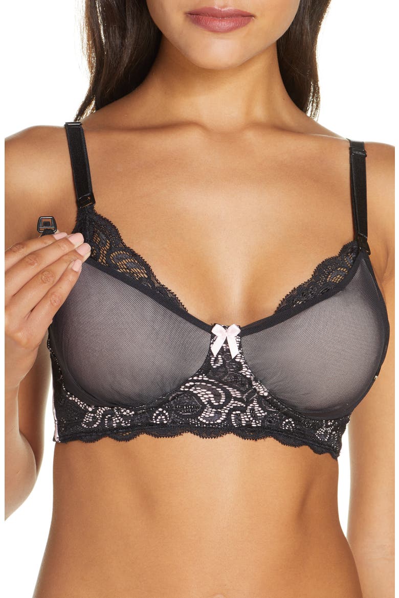 Mesh & Lace Nursing Bra, Alternate, color, BLACK