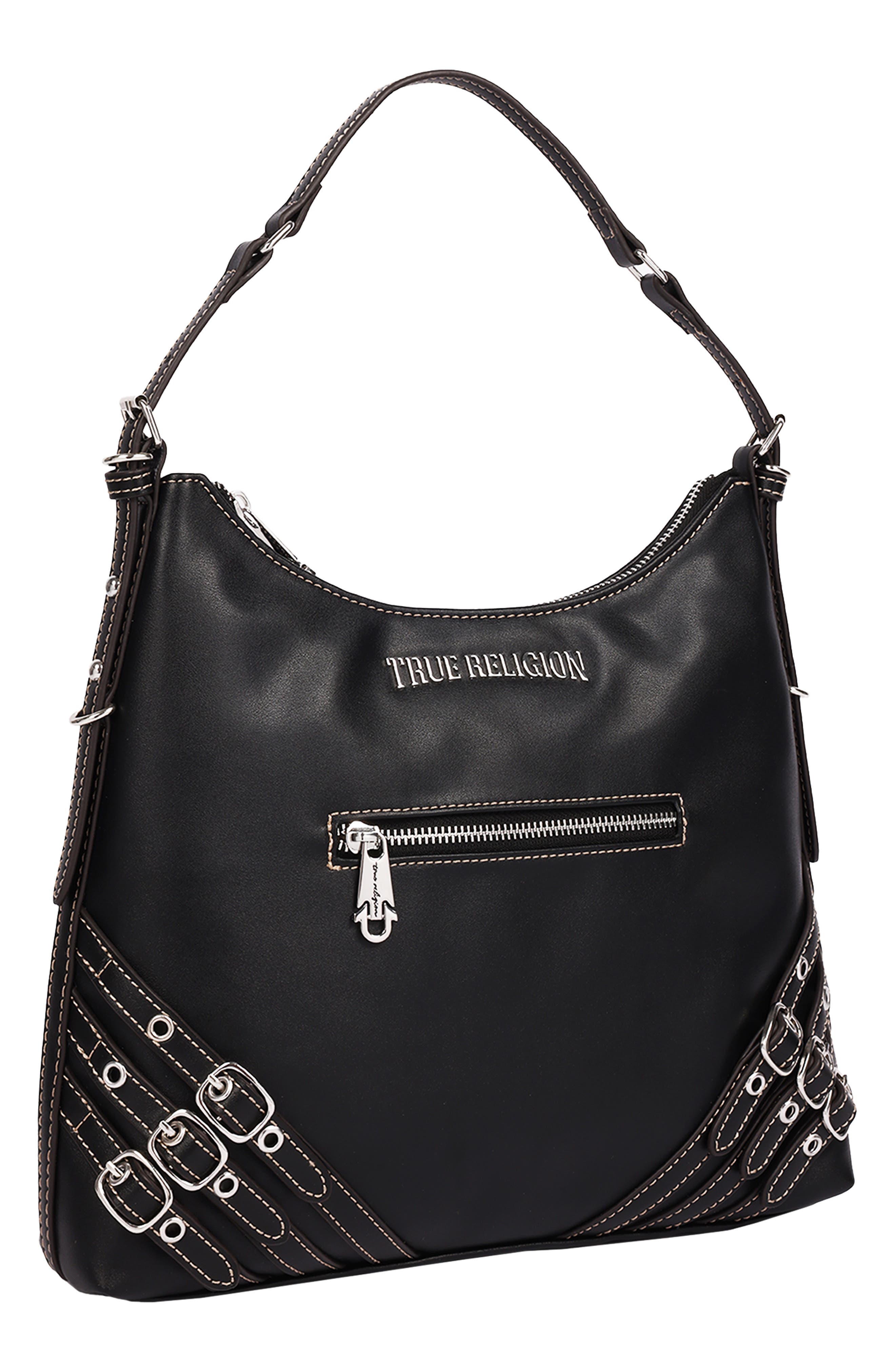 Triple Straps Large Faux Leather Hobo, Alternate, color, BLACK