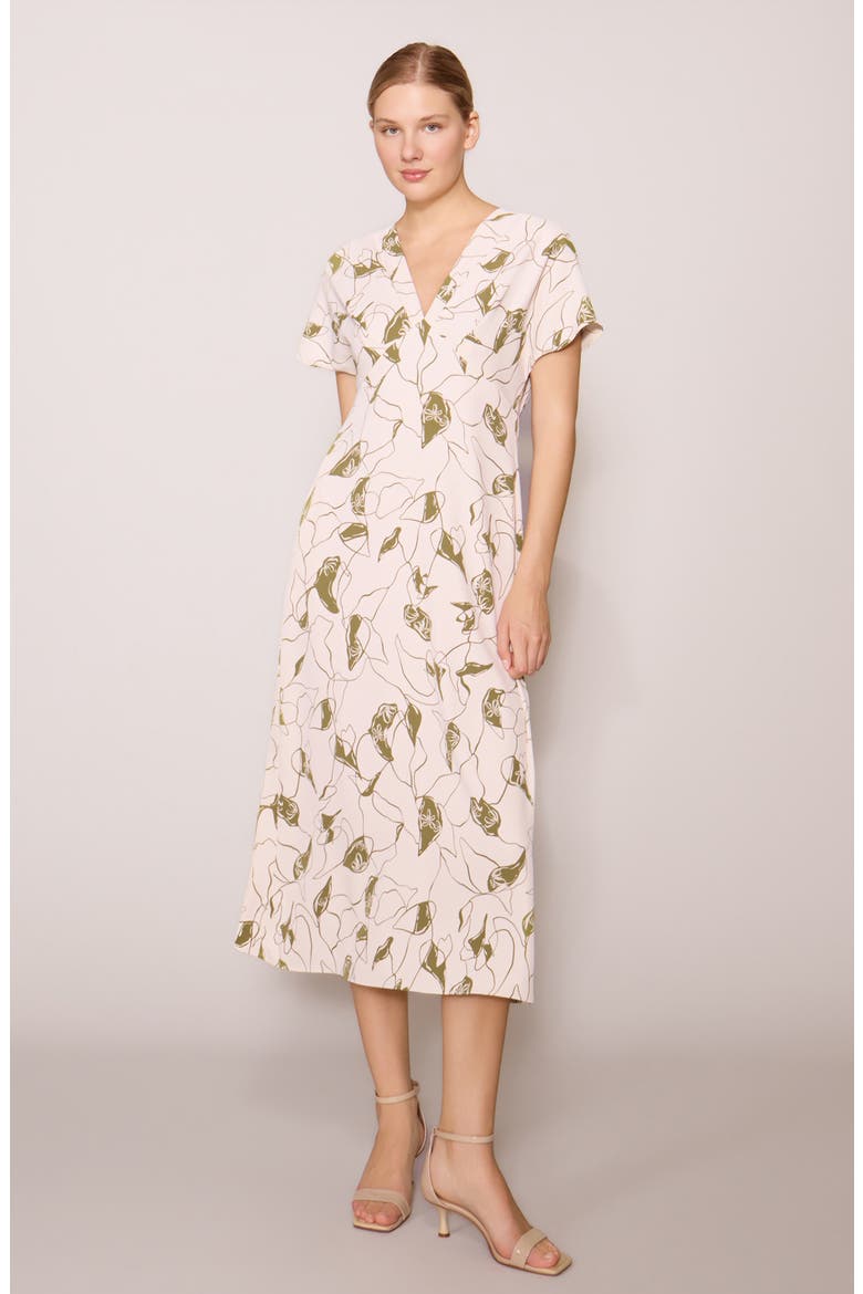 Floral V-Neck Midi Dress, Alternate, color, BONE/ GREEN FLORAL
