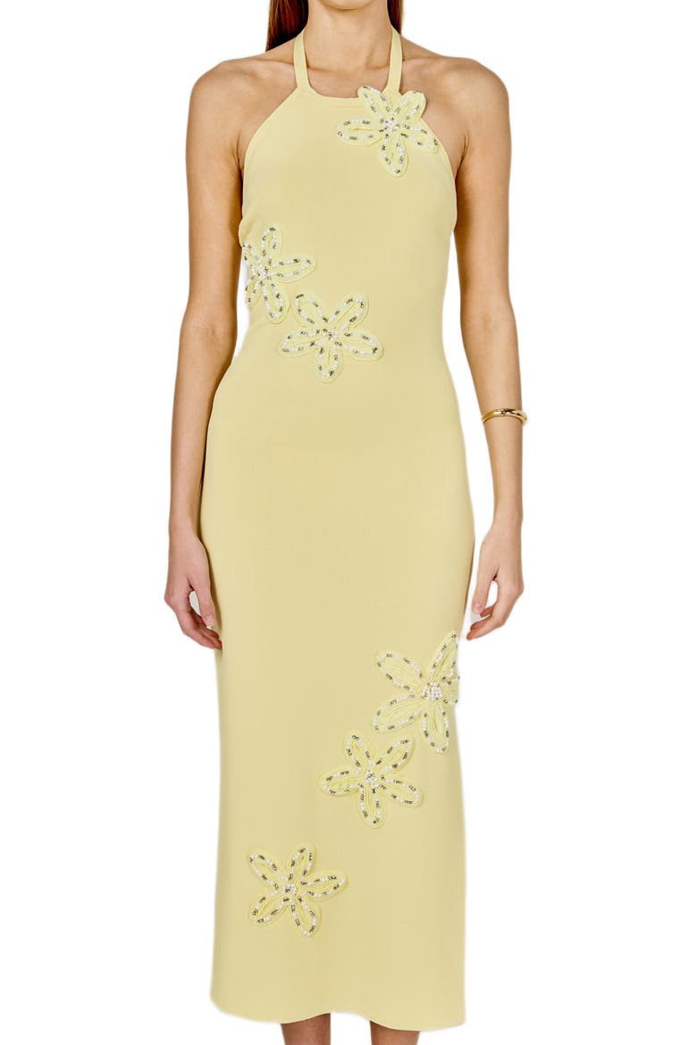 Beaded Flower Halter Midi Dress, Alternate, color, BUTTER
