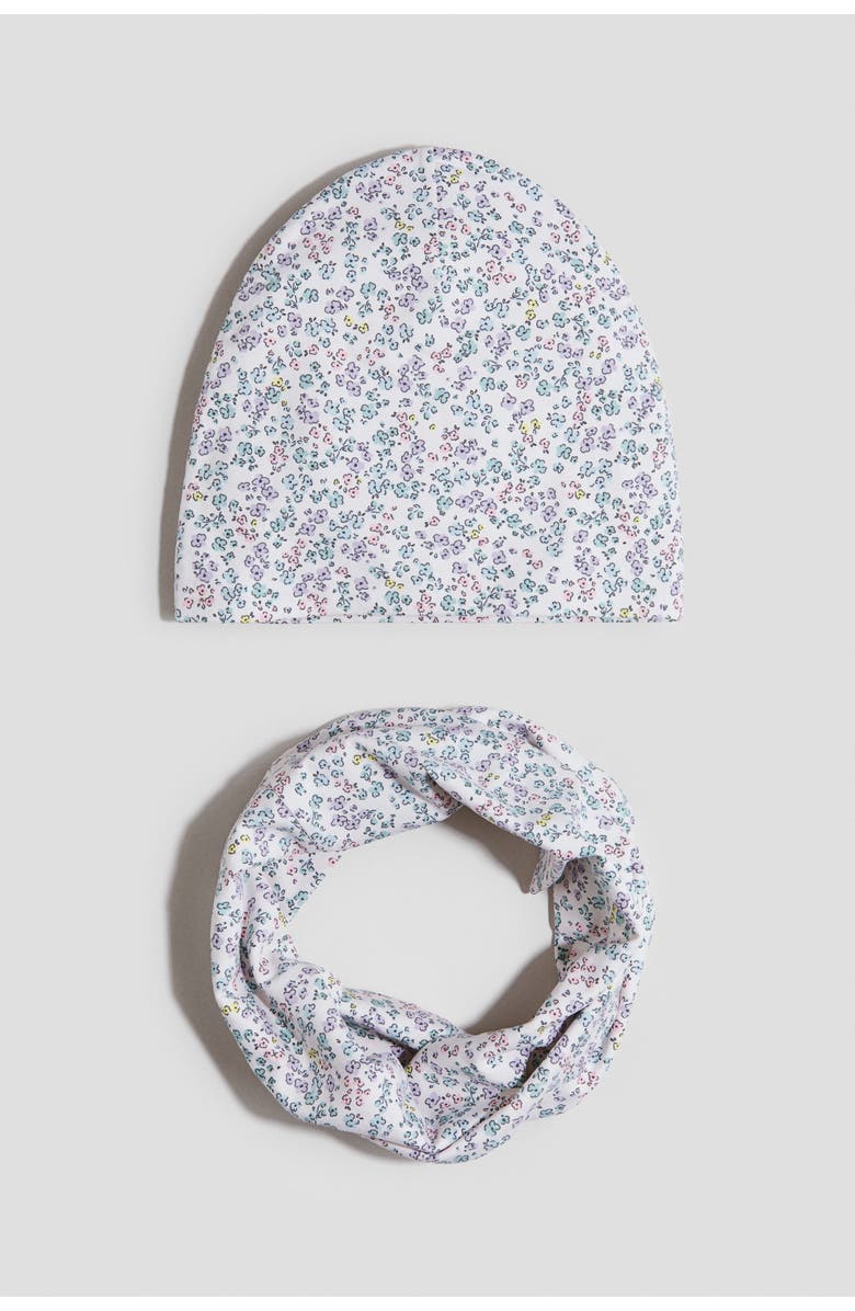 H&M 2-piece Beanie And Tube Scarf Set, Main, color, White/Floral