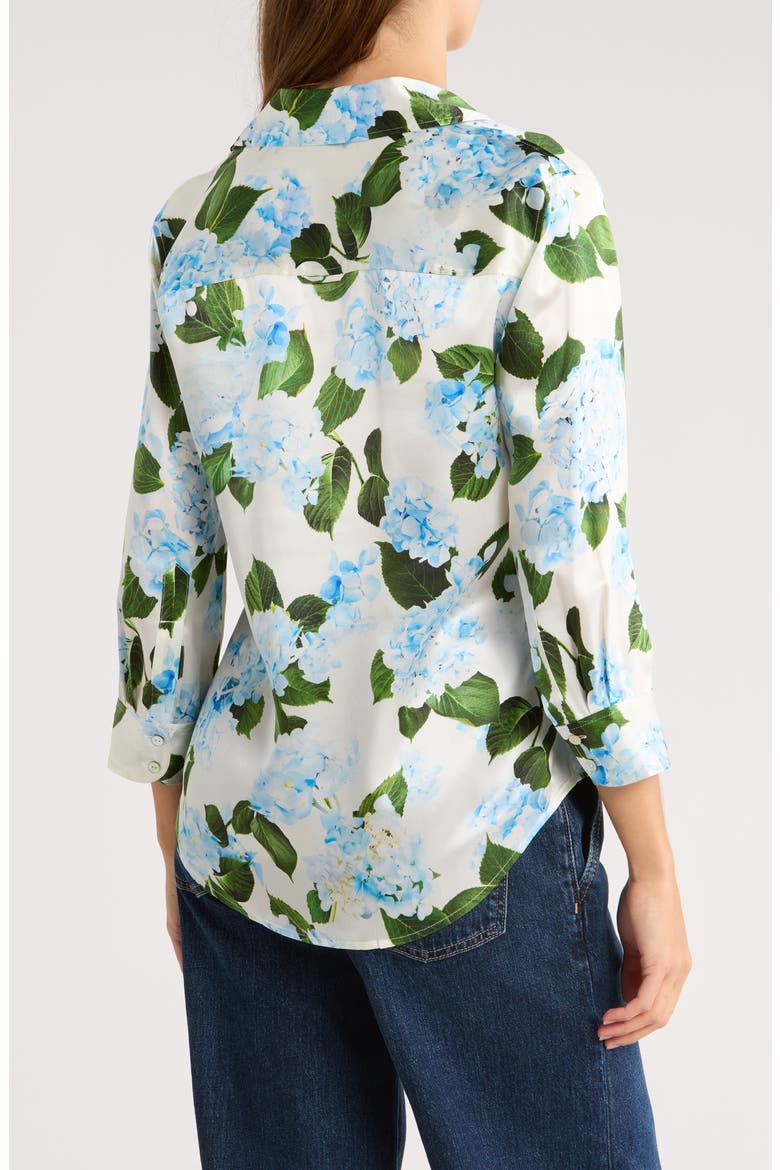 Dani Floral Three-Quarter Sleeve Silk Button-Up Shirt, Alternate, color, IVORY/ LIGHT BLUE HYDRANGEA