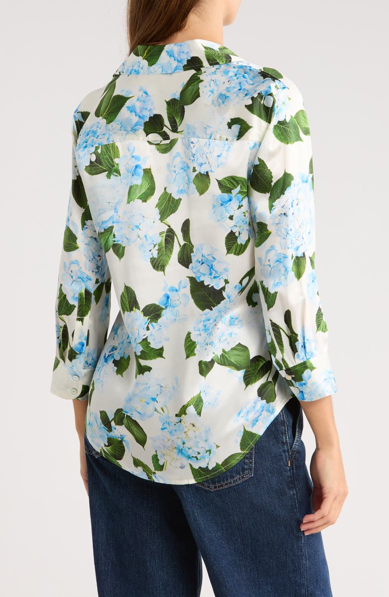 L'AGENCE Dani Floral Three-Quarter Sleeve Silk Button-Up Shirt, Alternate, color, Ivory/ Light Blue Hydrangea