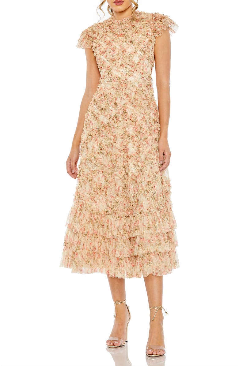 Mac Duggal Ruffle Tiered Short Sleeve A Line Dress, Main, color, Beige Multi