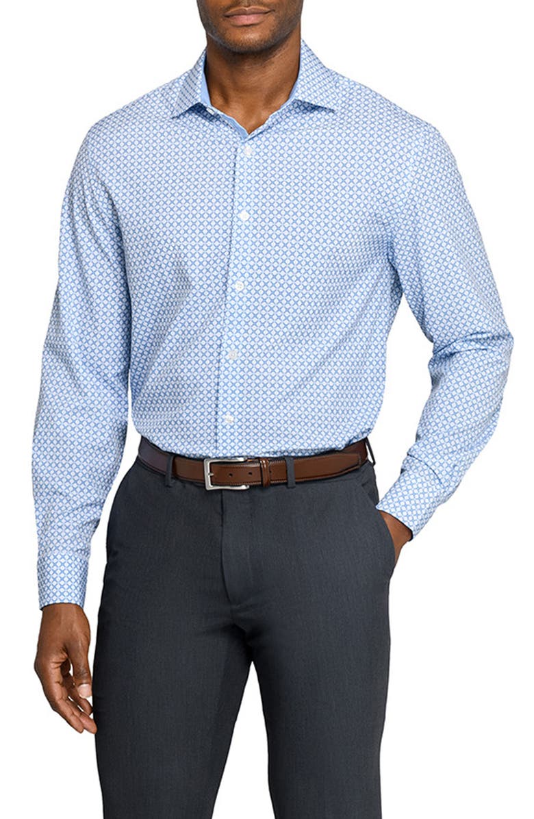 W.R.K Slim Fit Blue Geometric Print Performance Dress Shirt, Main, color, White/ Blue