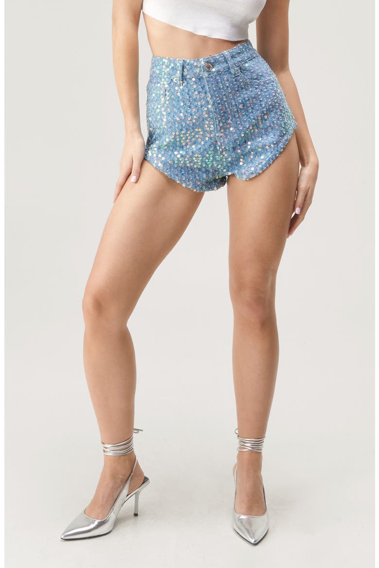 Sequin High Waist Denim Micro Shorts, Main, color, PALE WASH