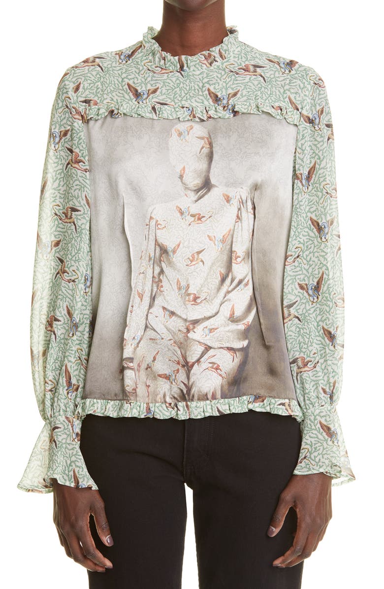 Undercover Bird Print Mock Neck Silk Blouse, Main, color, 