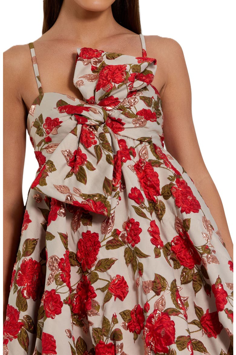 Brocade Thin Strap Puff Mini Dress With Bow, Alternate, color, White Multi