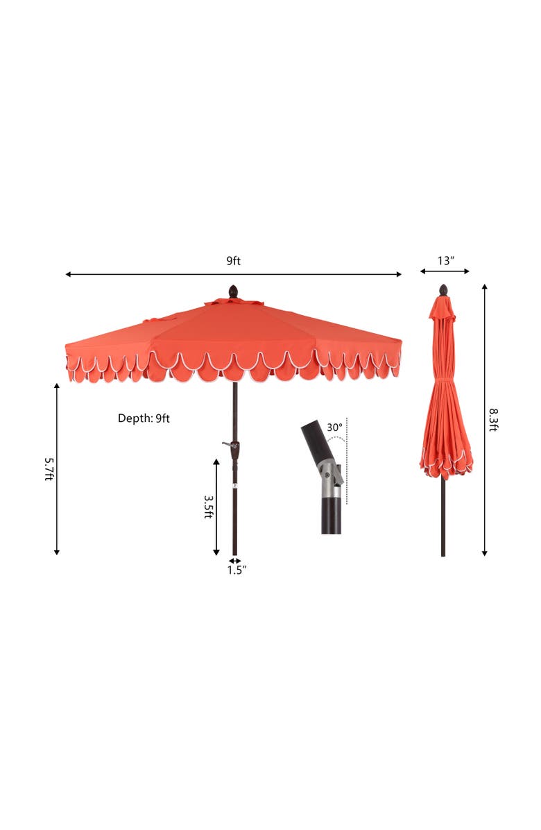 JONATHAN Y Tracy Coastal Octagon Outdoor Market Patio Umbrella with Scalloped Fringe, Crank Lift Tilt, Canopy, Pole, Alternate, color, Coral Red