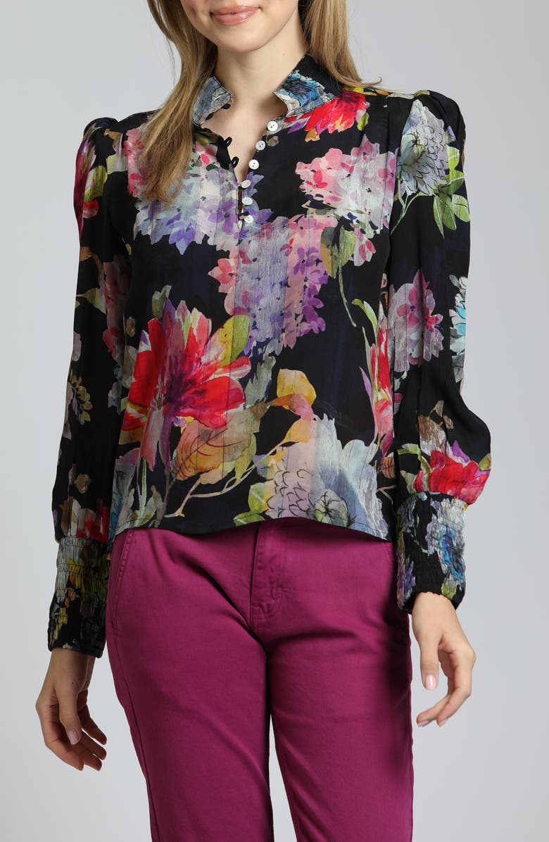 APNY Puff Shoulder Button Front Top, Main, color, Black Floral Multi