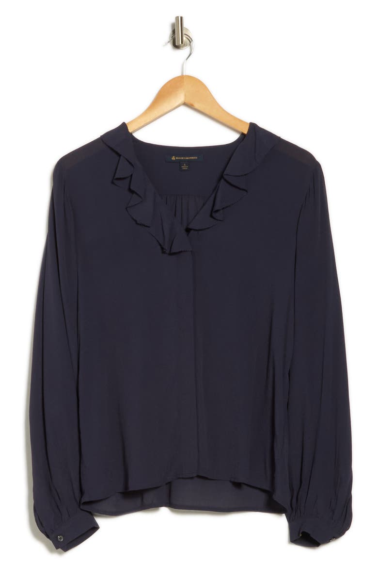 Ruffle Trim Crepe Button-Up Top, Alternate, color, MOOD INDIGO