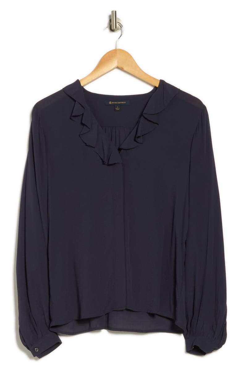 Brooks Brothers Ruffle Trim Crepe Button-Up Top, Alternate, color, Mood Indigo