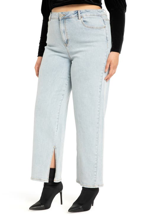 High Waist Slit Hem Straight Leg Jeans (Plus Size)