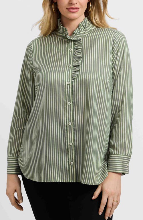 Foxcroft Sadie Stripe Ruffle Button-up Shirt In Green
