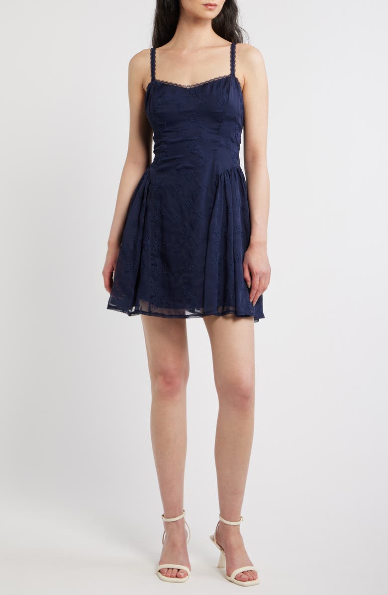 All in Favor Eyelet Lace Fit & Flare Party Dress, Main, color, Navy