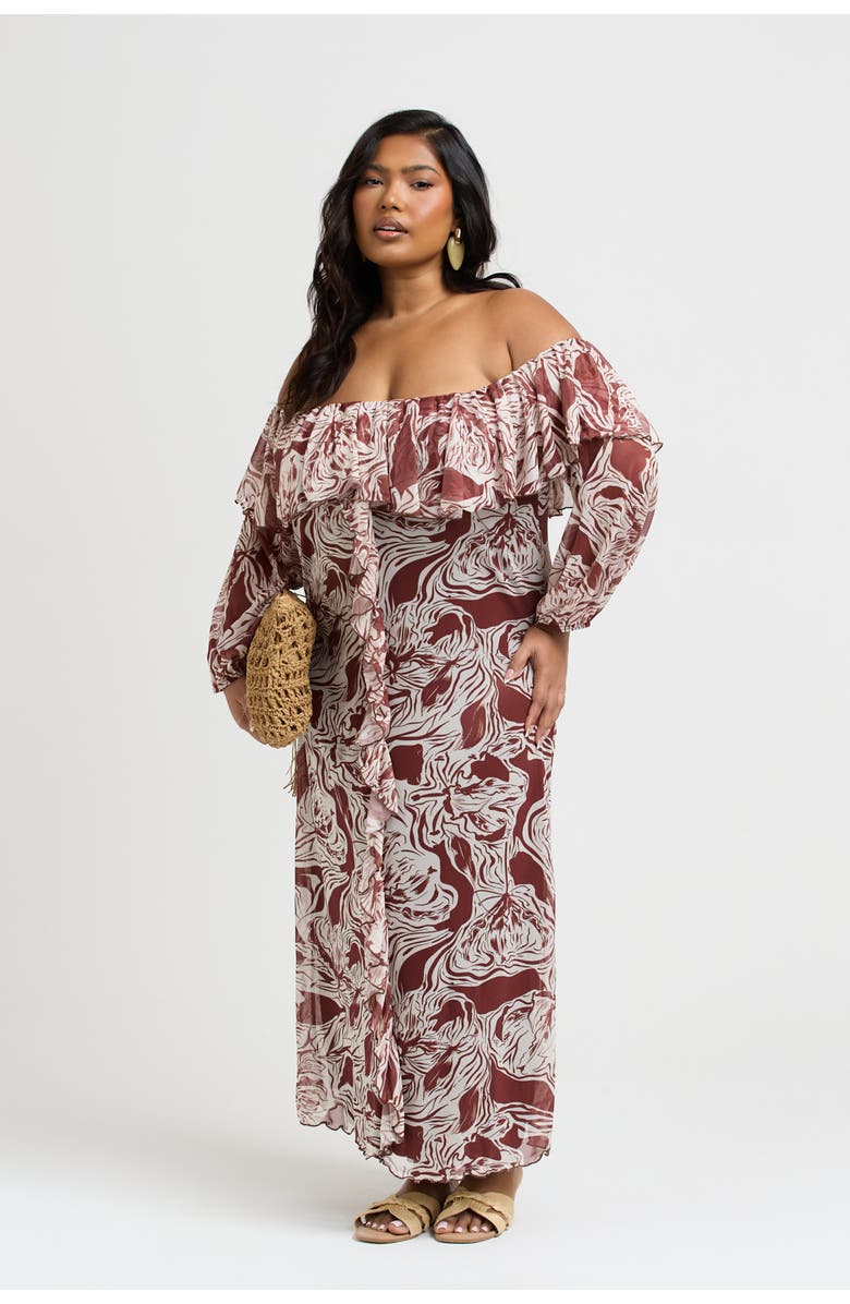 FASHION-SZN CURVE Curve Ruffle Bardot Midaxi Dress, Alternate, color, Brown