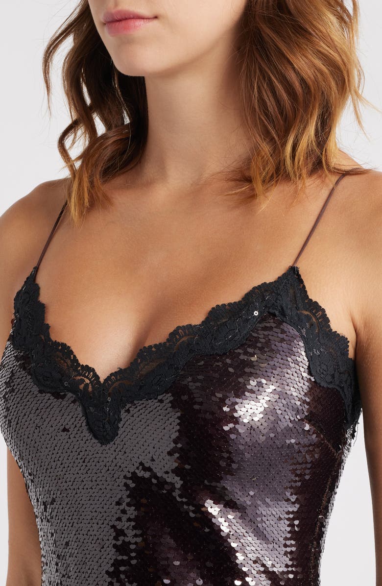 LoveShackFancy Verelith Sequin Lace Trim Cocktail Dress, Alternate, color, Chocolate Brown