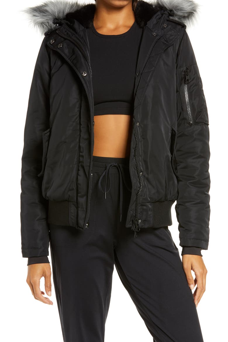 Flight Hooded Bomber Jacket with Faux Fur Trim, Main, color, BLACK