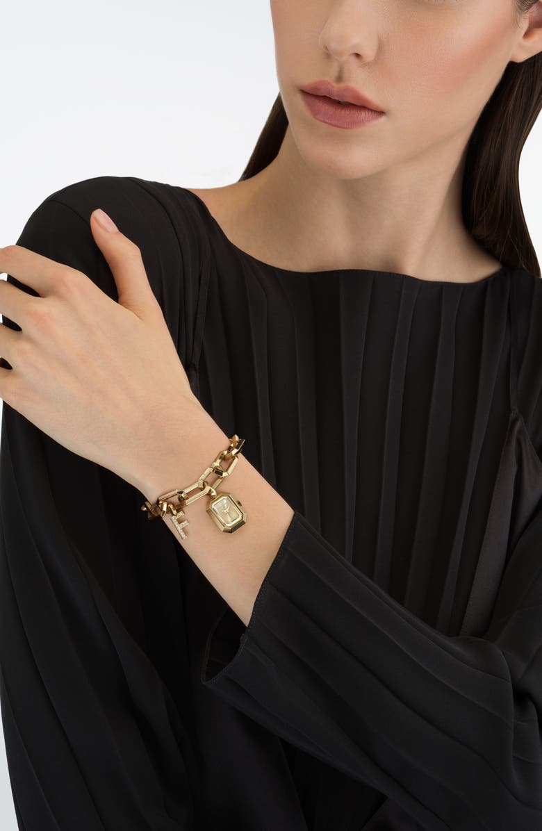 FERRAGAMO 'F' Charm Bracelet Watch, 16mm x 21mm, Alternate, color, Ip Yellow Gold