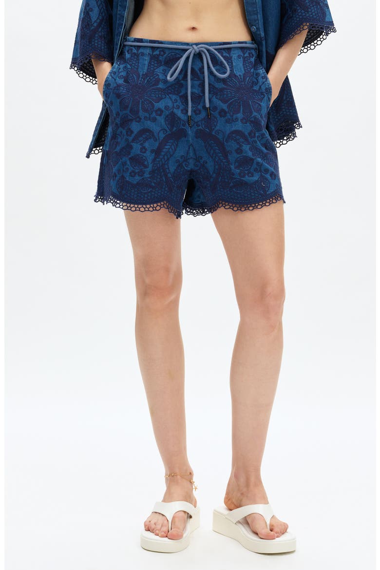 Embroidered High Waist Denim Shorts, Main, color, FATHOMVEIL