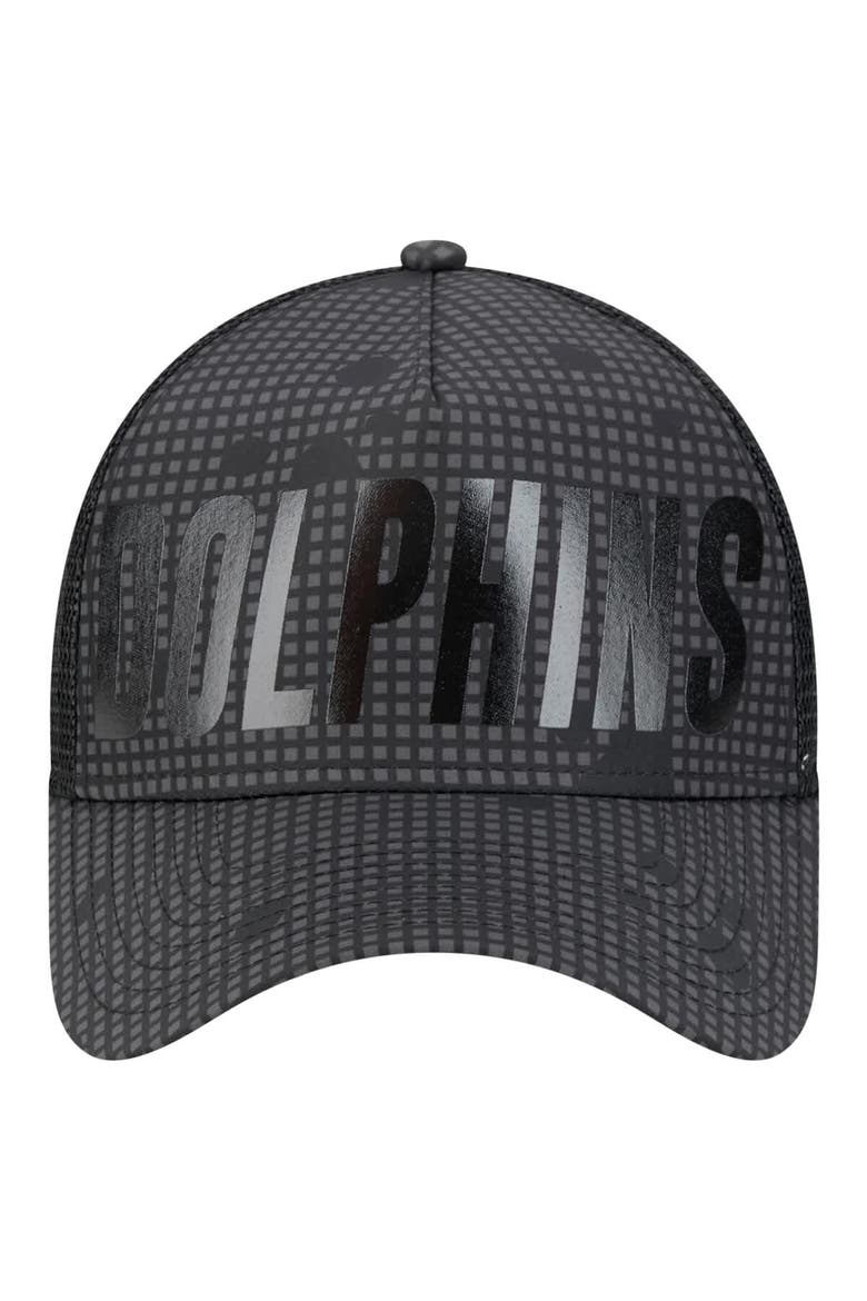 Men's New Era Black Miami Dolphins  Midnight Ink Tonal Text A-Frame Trucker 9FORTY Adjustable Hat, Alternate, color, Black