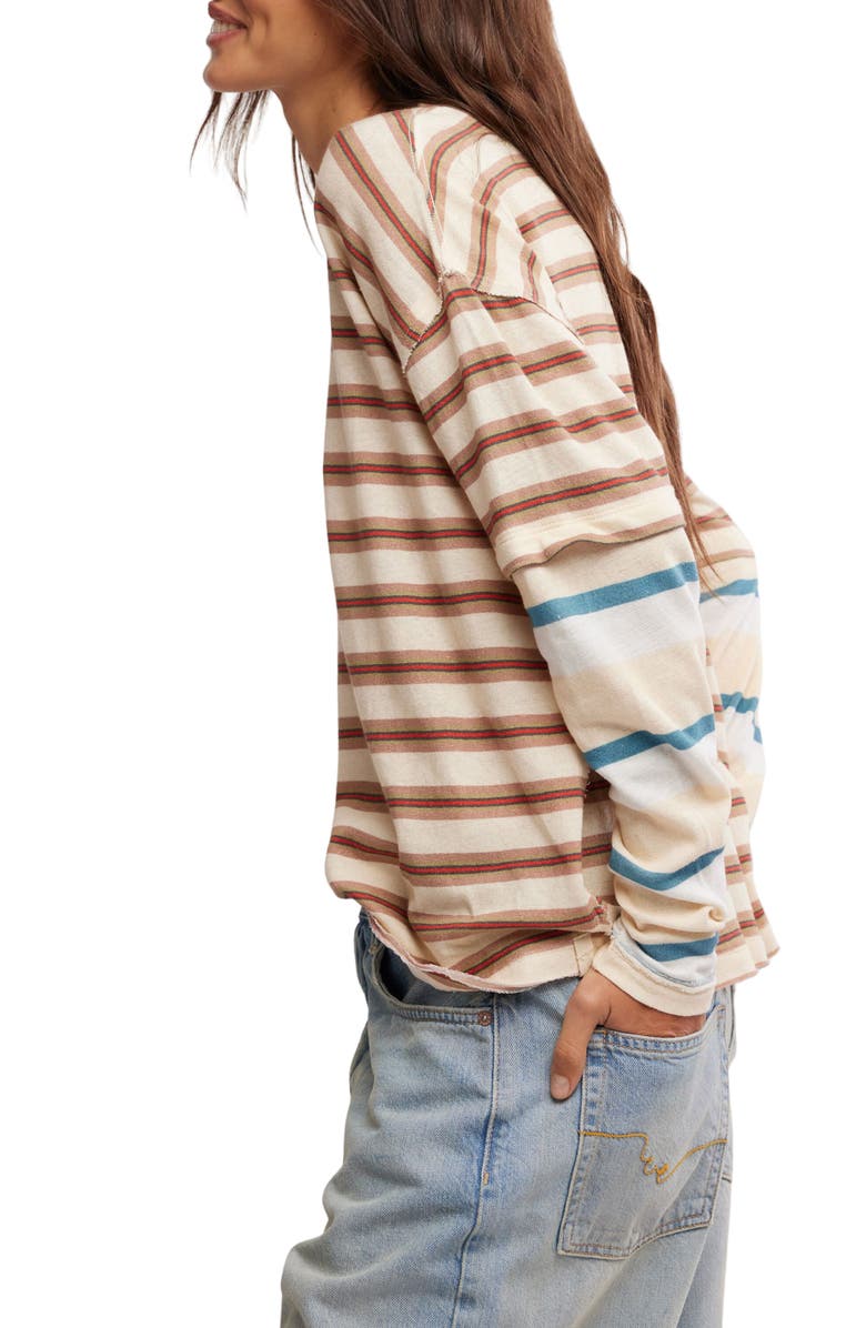 Free People Nina Stripe Layered Long Sleeve Cotton T-Shirt, Alternate, color, Neutral Combo