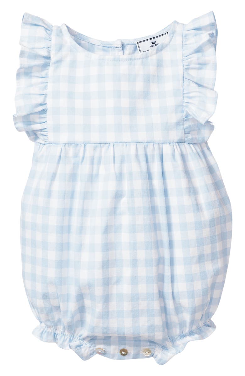 Petite Plume Gingham Ruffle Trim Cotton Blend One-Piece Pajamas, Main, color, Blue