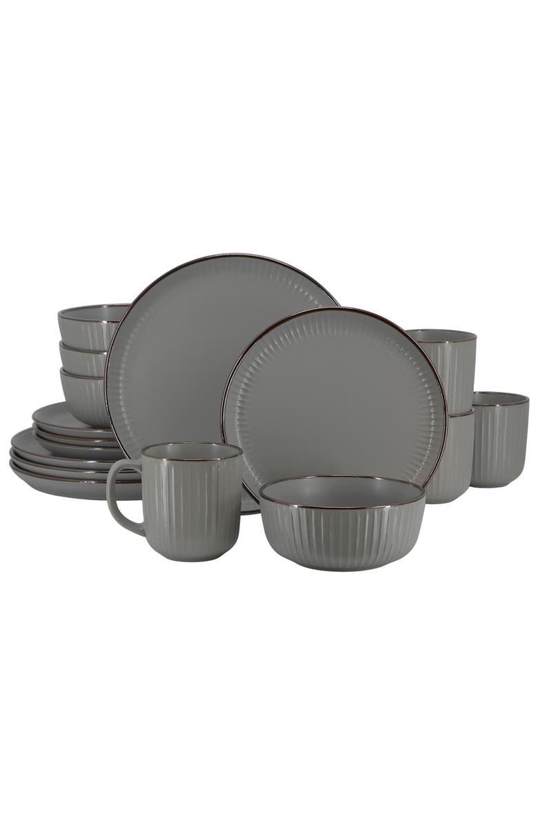 Elama Leo 16 Piece Stoneware Dinnerware Set, Main, color, Dark Gray