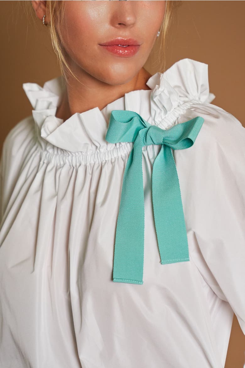 Taffeta Blouse With Bloon Sleeves And Bow, Alternate, color, White / Green