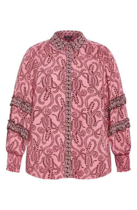 Lylah Mixed Print Long Sleeve Button-Up Shirt (Plus)
