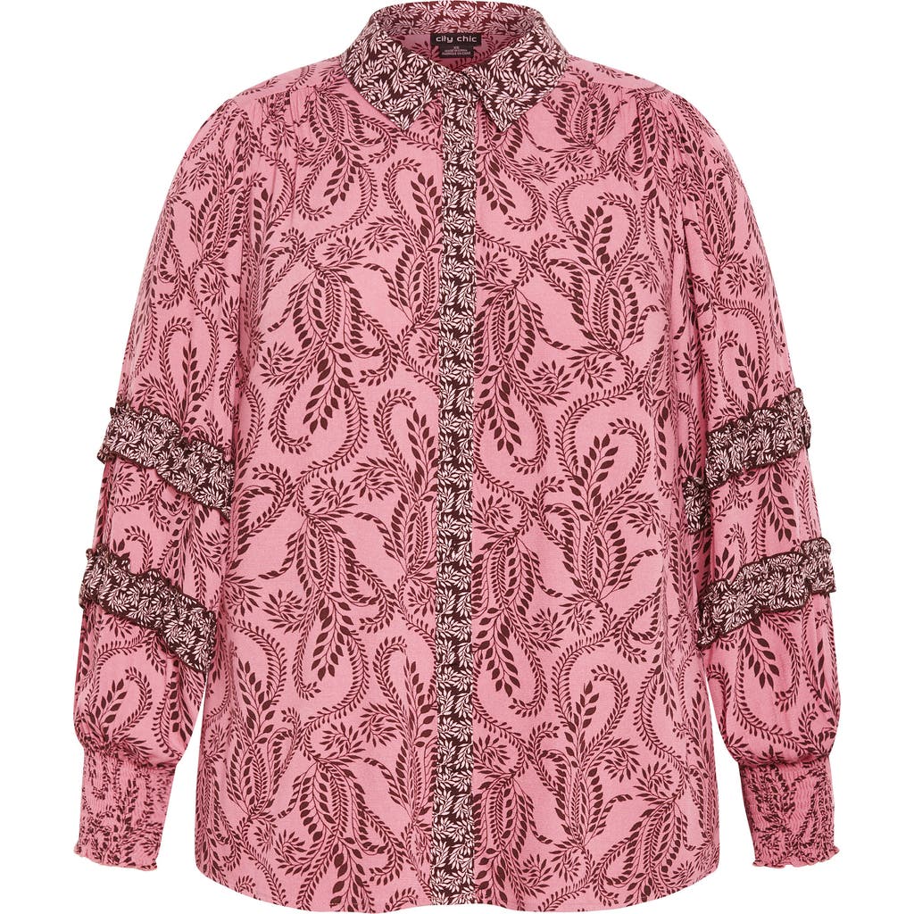 City Chic Lylah Mixed Print Long Sleeve Button-up Shirt In Pink