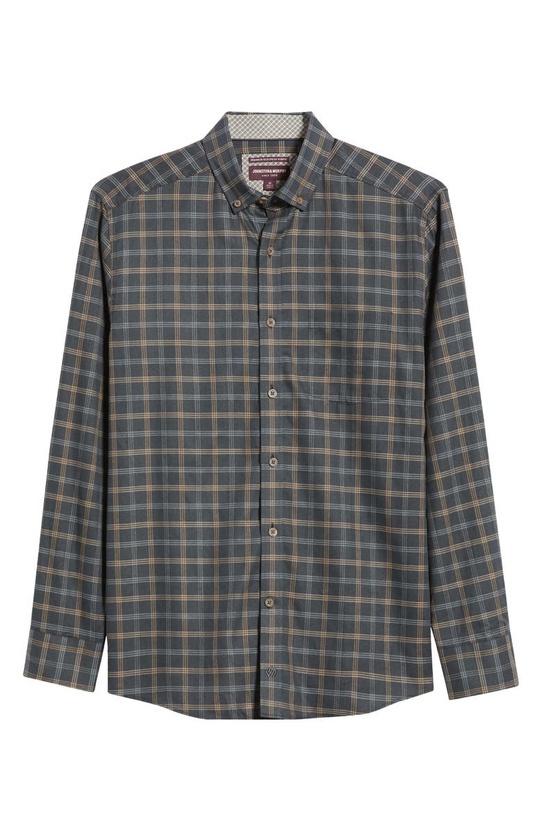 Johnston & Murphy Plaid Heathered Cotton Button-Up Shirt, Alternate, color, Charcoal/Tan Grid Check