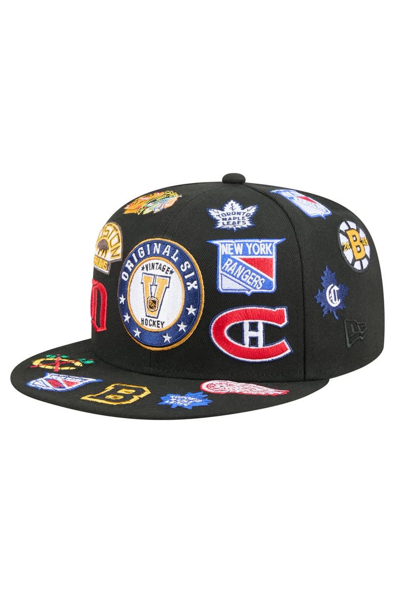 Men's New Era  Black Original 6 Allover Logos 9FIFTY Snapback Hat, Alternate, color, Black
