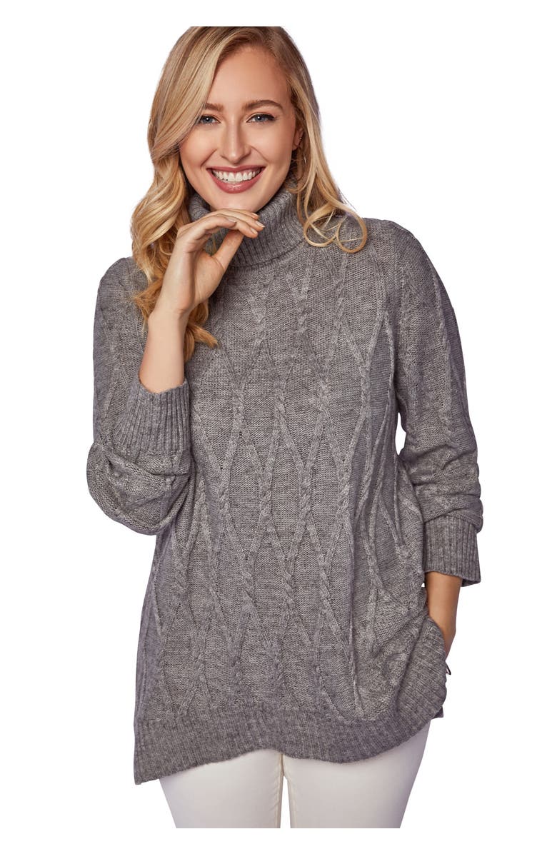 Jessica London Cable Turtleneck Sweater, Main, color, Medium Heather Grey