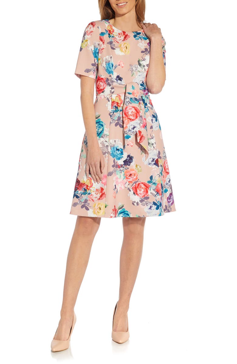 Adrianna Papell Floral Print Tie Front A-Line Dress, Main, color, 