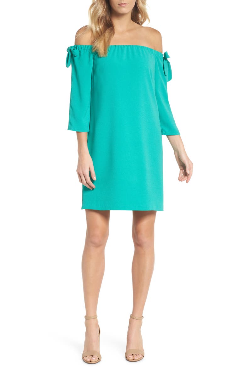 Tie Sleeve Off the Shoulder Shift Dress, Alternate, color, ATLANTIS