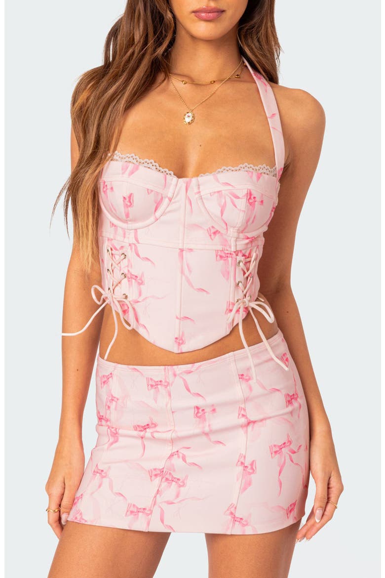 Makayla Print Lace-Up Crop Halter Top, Main, color, LIGHT-PINK