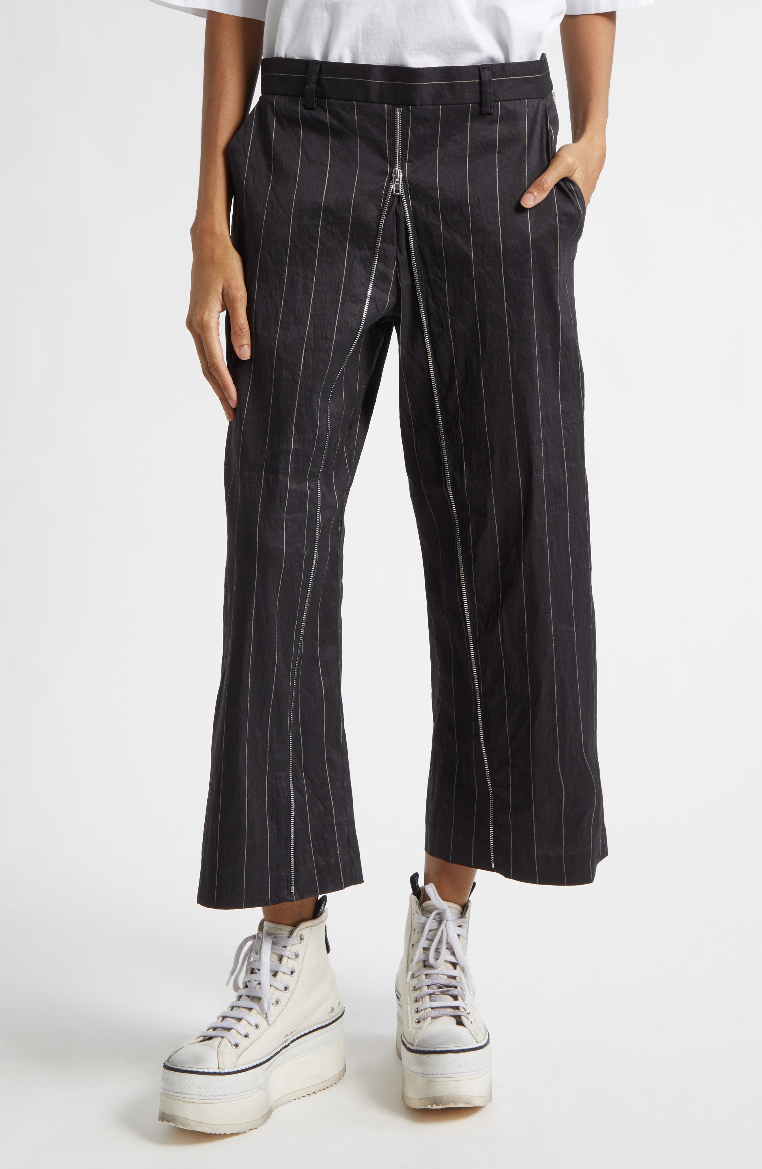Wide Pinstripe Front Zip Linen Blend Pants