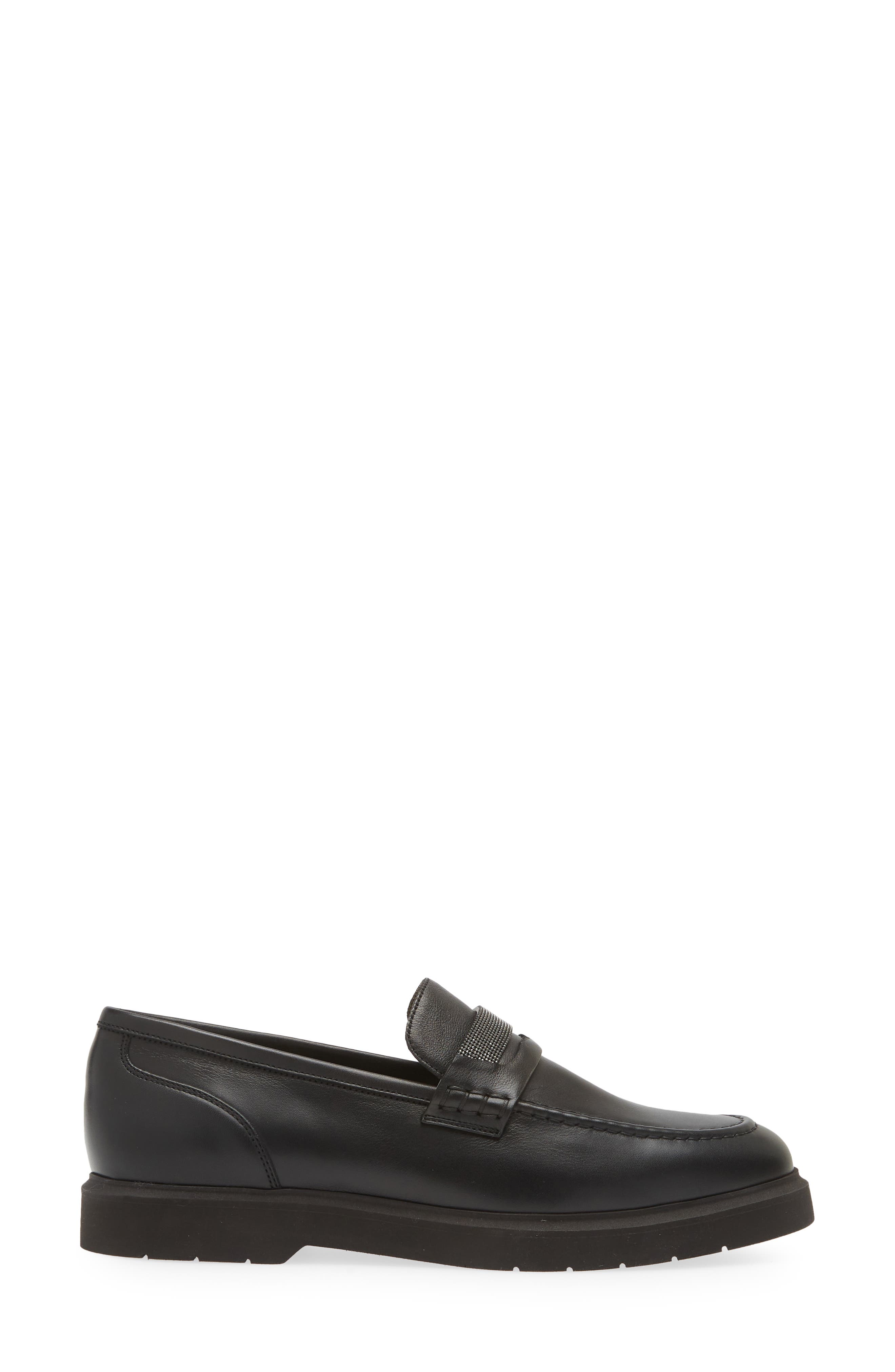 Brunello Cucinelli Monili Trim Leather Loafer, Alternate, color, Black