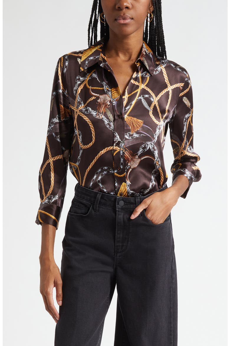 Dani Western Chain Print Silk Button-Up Shirt, Main, color, BROWN MULTI CHAIN