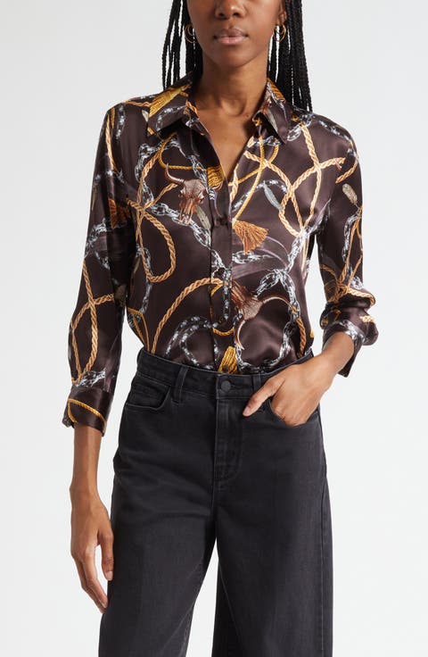 Dani Western Chain Print Silk Button-Up Shirt
