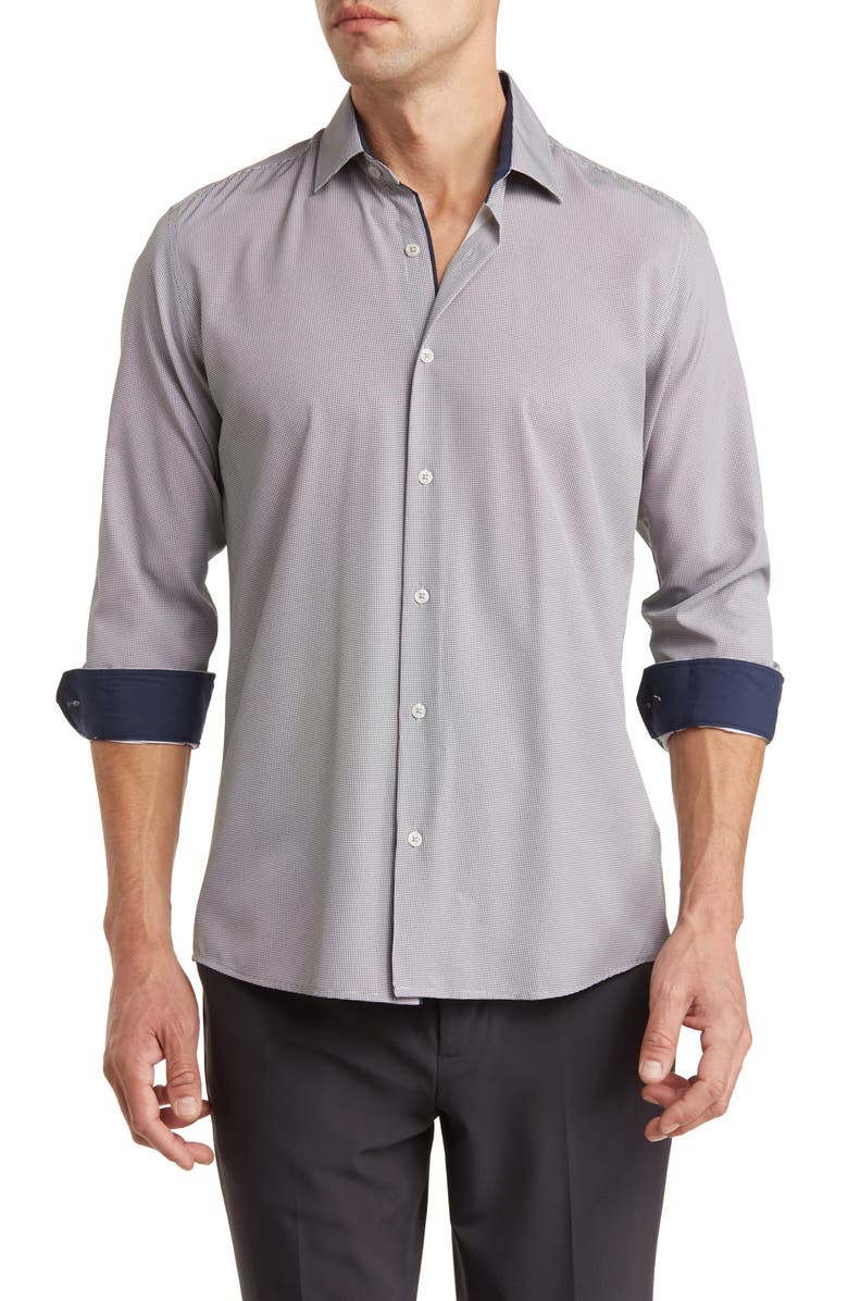 TOM BAINE Performance Mini Plaid Button-Down Dress Shirt, Main, color, Black