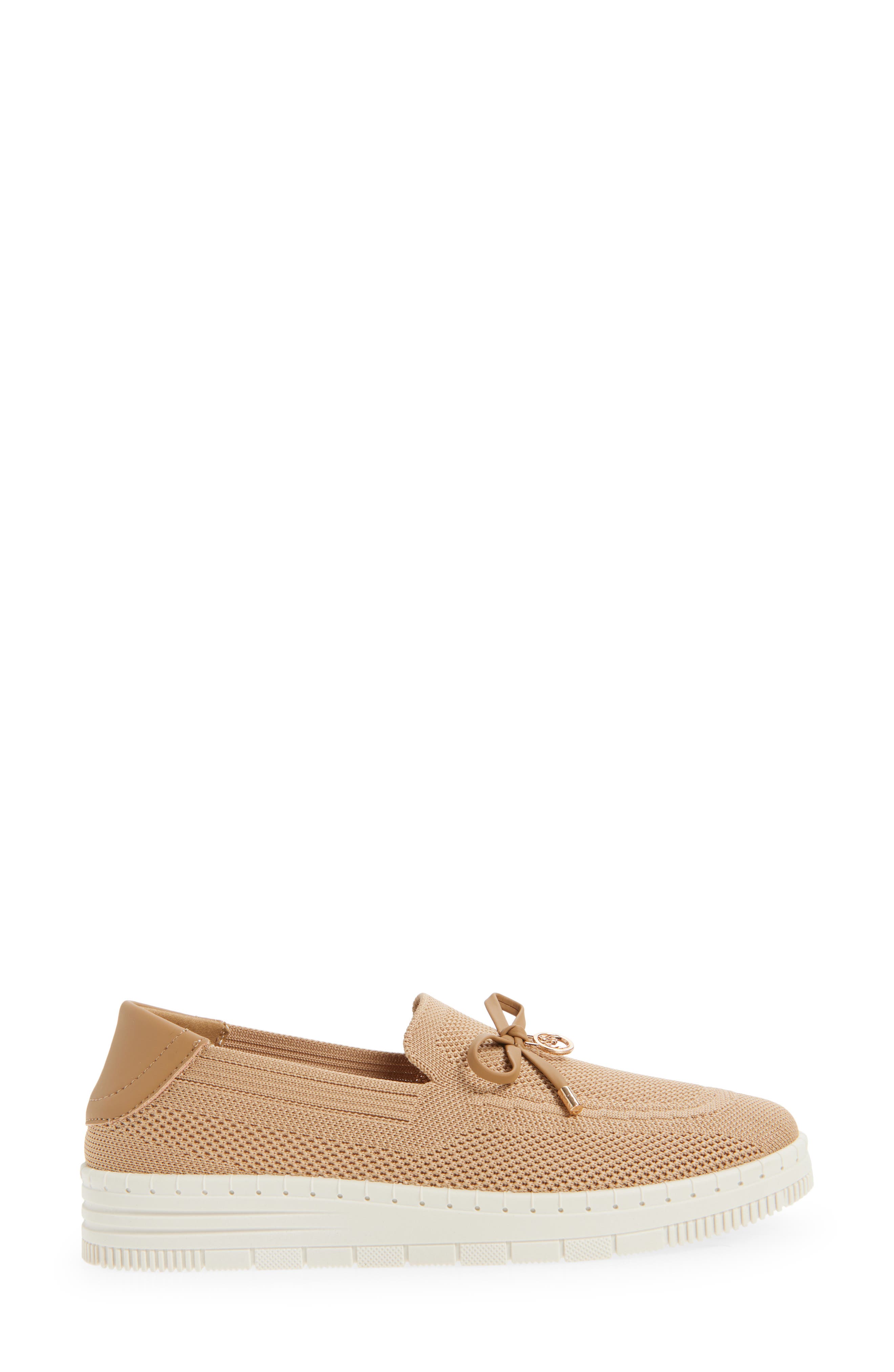 Annette Bow Charm Knit Slip-On Sneaker, Alternate, color, TAN/ NATURAL