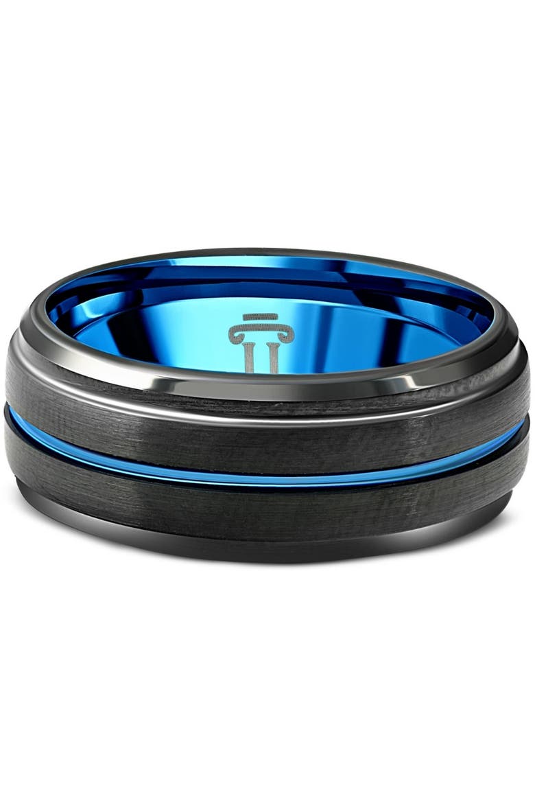 Men's Black & Blue Tungsten Ring Brushed Beveled Step Cut Wedding Band, Main, color, Black Tungsten